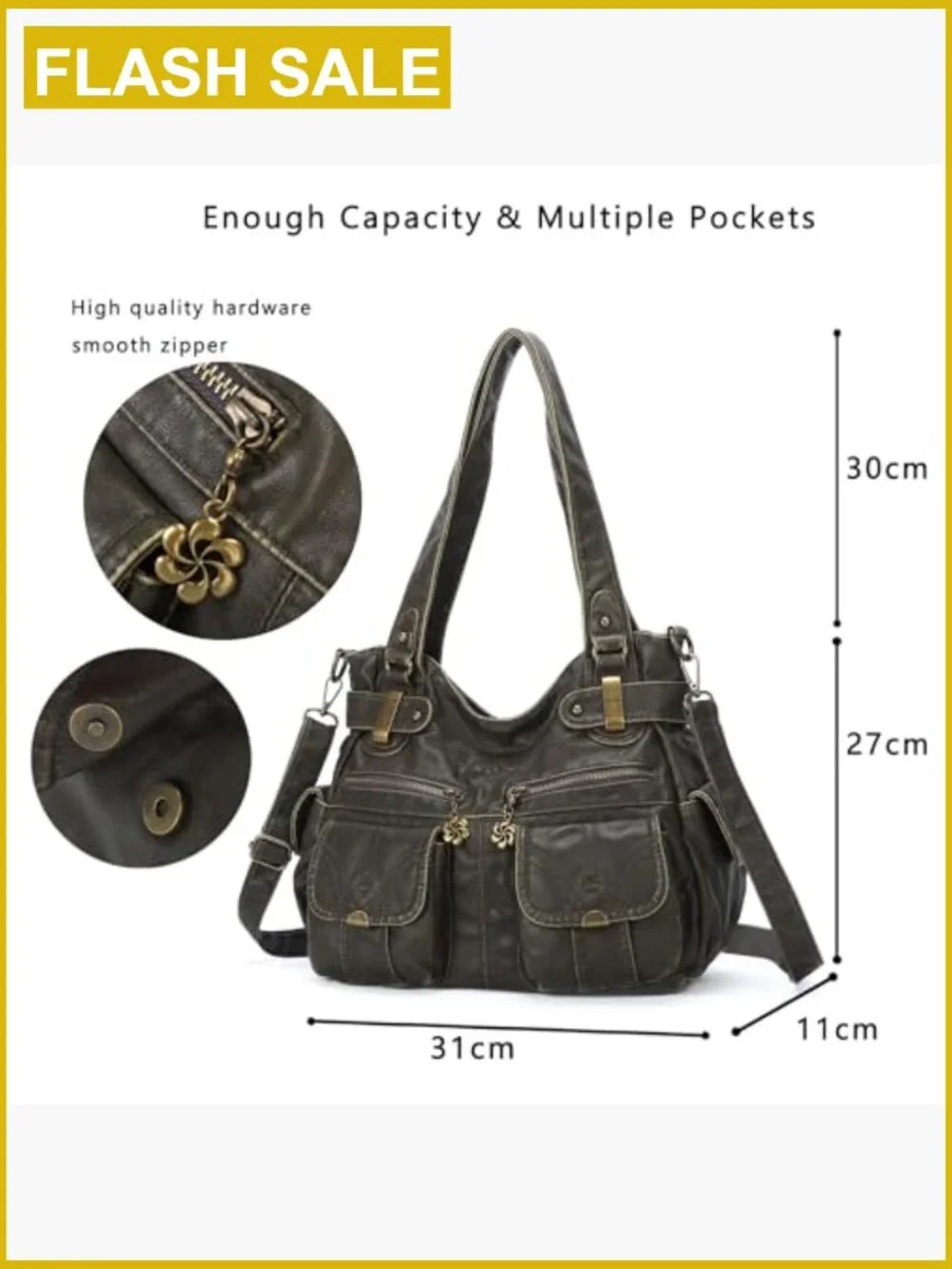 Washed PU Leather Hobo Tote Shoulder Bag Double Zipper Multi Pocket